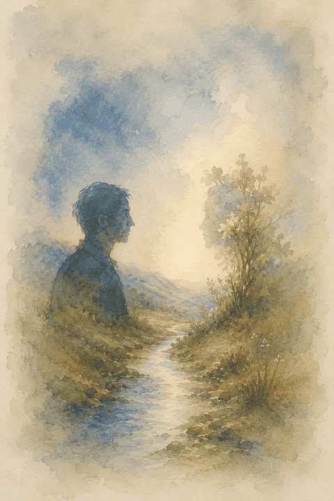 Aquarelle : silhouette d'un homme de profil au bord d'un ruisseau qui descend entre des herbes, sous un ciel bleu adouci — figure méditative.