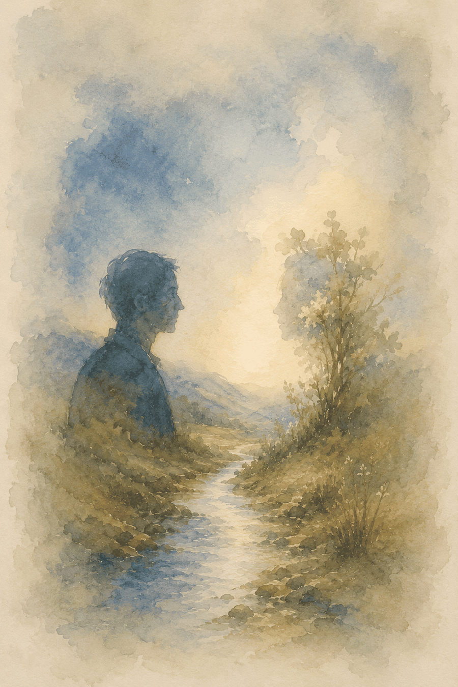 Aquarelle : silhouette d'un homme de profil au bord d'un ruisseau qui descend entre des herbes, sous un ciel bleu adouci — figure méditative.