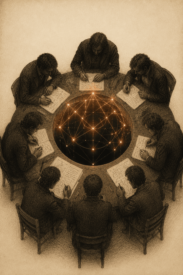 Un cercle de figures penchées au-dessus d'une figure géométrique lumineuse posée sur une table, l'une des silhouettes faite de lignes et de points — la machine parmi les géomètres.