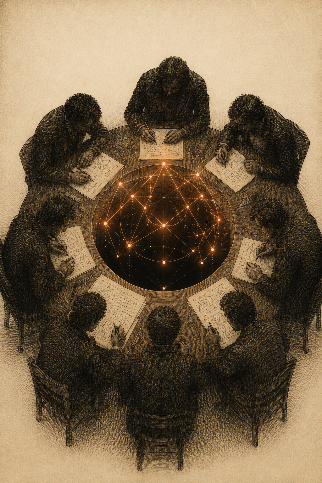 A circle of figures leaning over a luminous geometric shape set on a table, one of the silhouettes made of lines and dots — the machine among the geometers.