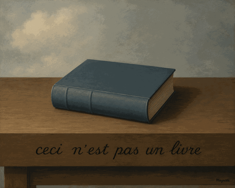 Peinture surréaliste : un livre bleu fermé posé sur une table de bois devant un ciel nuageux, sous la légende « ceci n'est pas un livre » — écho au « Ceci n'est pas une pipe » de Magritte.