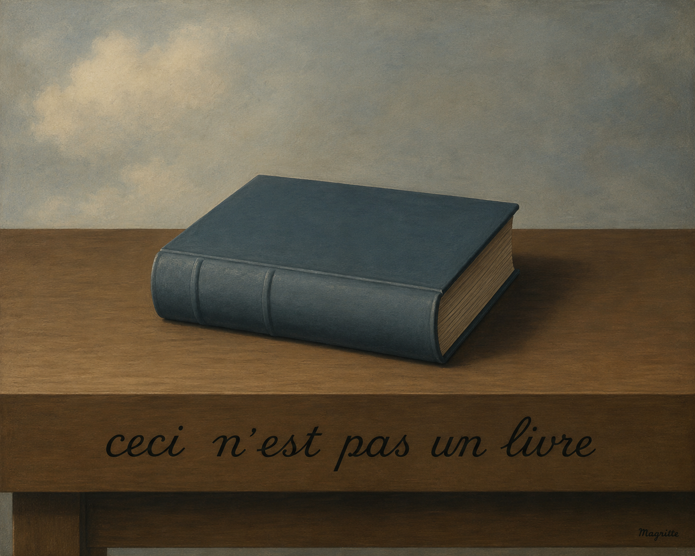 Peinture surréaliste : un livre bleu fermé posé sur une table de bois devant un ciel nuageux, sous la légende « ceci n'est pas un livre » — écho au « Ceci n'est pas une pipe » de Magritte.